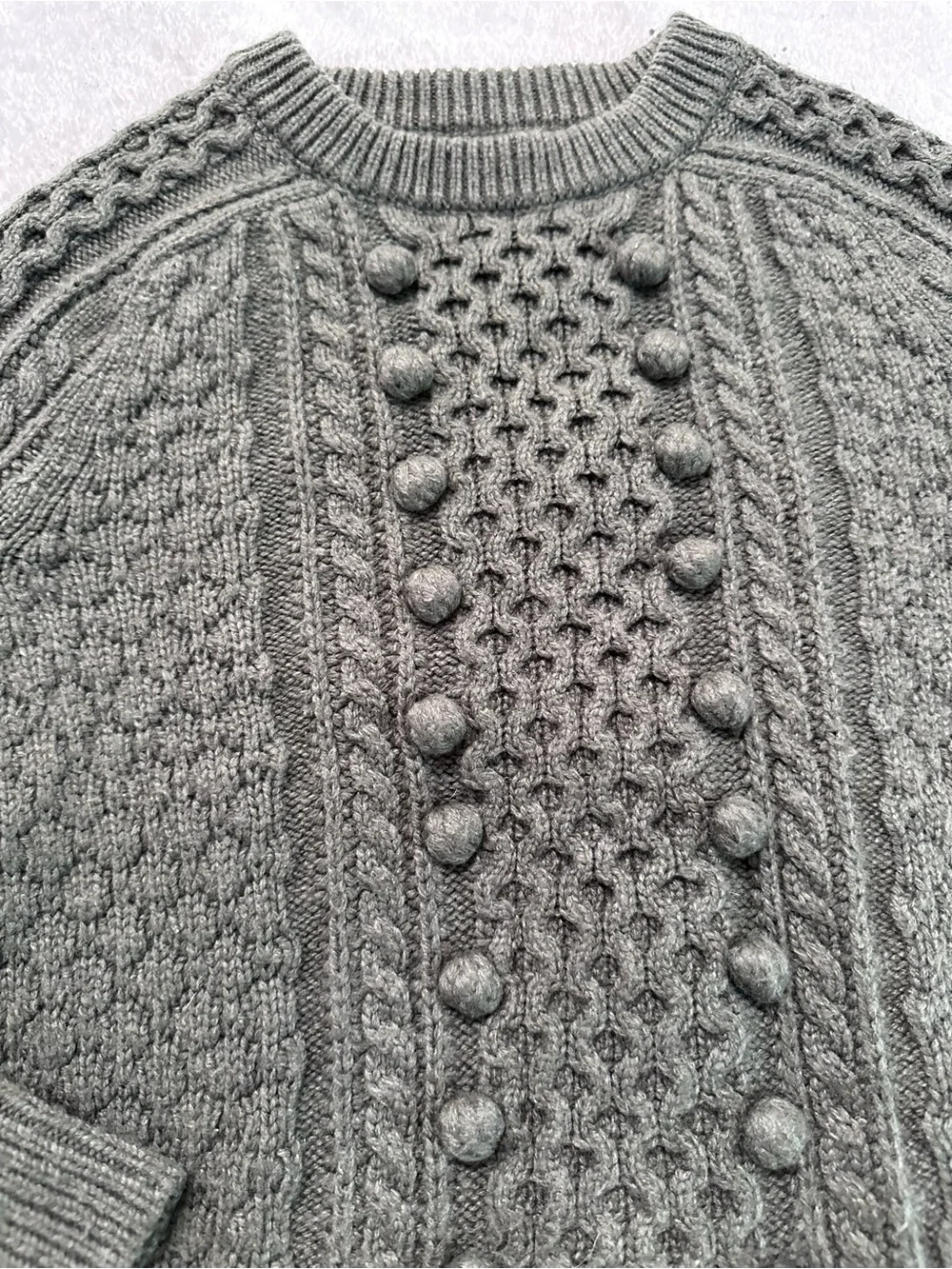 J.Crew Olive Green Cable Knit Sweater Women’s Crew Neck Pom Pom Textured Long XS